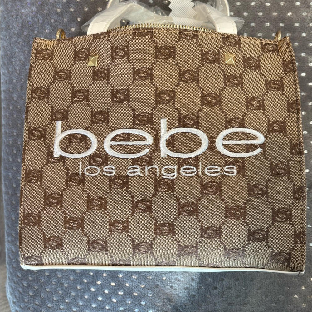 Bebe Los Angeles Tan and White Tote Bag